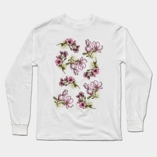 Pink Spring Flowers set, Art Nouveau flower pattern, nature, Magnolia and Cherry Blossom, Pastel, Watercolor style Long Sleeve T-Shirt